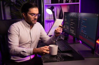 Akıllı bilişim geliştiricisi, bilgisayar ekranındaki yazılım geliştirme kodlaması üzerine kahveyle birlikte çalışıyor, en yeni uygulama projesi programı ile birlikte neon ışıklı siber ofiste çevrimiçi web sitesi verilerini güncelliyor. Tahmin et..