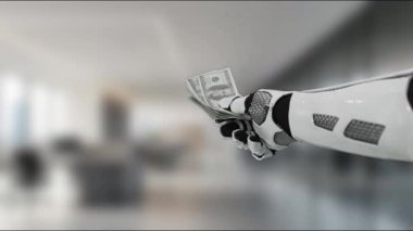 Robotik bir el, teknoloji ve finans sektörünün kesişimini gösteren gösterişli bir ofis ortamında dolar banknotları uzatır. Bu görüntü yenilik ve otomasyonu yakalar. MZL