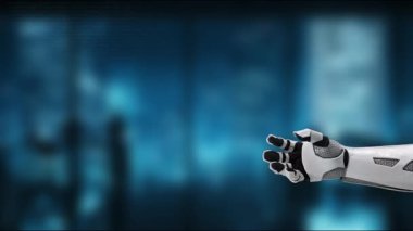 Mavi tonlu arka planda yüzen dolarlarla çevrili, teknoloji ve finans kavşağını gösteren beyaz bir robot el uzanıyor. MZL