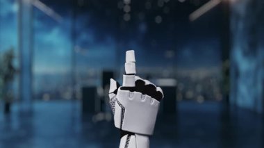 Bir robot el, yenilik ve büyümeyi sembolize eden çeşitli iş ve teknoloji kavramlarını gösteren ikonlarla dolu dijital bir arayüzde yer alır. Auvana