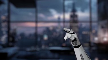 Gösterişli bir robot el, şehrin ufuk çizgisine tepeden bakan şık bir ofiste, holografik bir arayüzle etkileşime geçmek için uzanır. Auvana