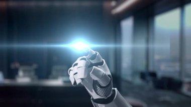 Dijital bulut arayüzü ile bağlantılı bir robot el, teknoloji ve ofis ortamlarının birleştirilmesini, modern iş yerlerindeki veri transferinin ve bağlanabilirliğin altını çizilmesini simgeler. Auvana