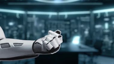 Pürüzsüz bir robot kolu dijital bir arayüze bağlanıyor, insan figürlerini ve küresel bağlantıları sergiliyor, teknoloji ve yapay zekadaki yenilikleri sembolize ediyor. Auvana