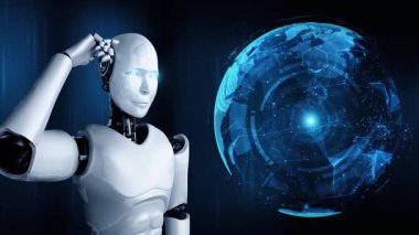 Thinking AI hominoid robot analyzing hologram screen shows concept of network global communication using artificial intelligence by machine learning process. 3D rendering computer graphic.