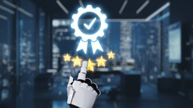 Gelecekçi robot eli, modern ofis ortamında kaliteyi ve memnuniyeti sembolize eden, yenilik ve hizmetteki mükemmelliği yansıtan bir ödül rozetine işaret eder. Auvana
