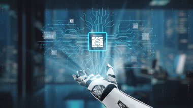 Gelecekçi bir robot el, dijital devrelerle çevrili parlayan merkezi işleme ünitesine doğru uzanır, modern bir ofiste teknoloji ve yenilikteki gelişmeleri sembolize eder. Auvana