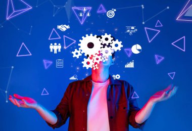 Ekip çalışmasının yenilikçi konseptini ve takım çalışmasını dinamik mavi bir arkaplana karşı oluşturulmuş vites ve ağ simgelerinin sanatsal bir temsili vasıtasıyla keşfedin. XDMCP