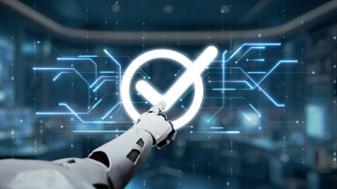 Gelecekçi bir robot eli dijital ortamda parlayan bir kontrol işaretine işaret ederek otomasyon ve ileri teknoloji etkileşimlerindeki başarıyı sembolize ediyor. Auvana