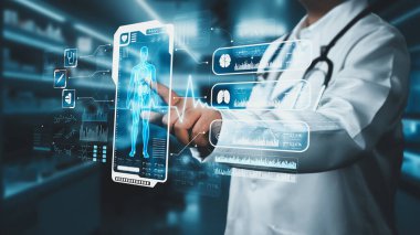 Profesyonel doktor muayenesini kapat ve insan muayene raporuna bak. Doktor röntgene bakıyor ve HUD gösterge panelindeki kalp atışlı tüm vücut hologramını analiz ediyor. İyileştirici.