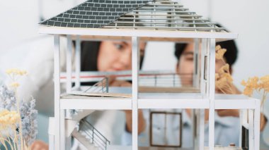 Ev modeli yapısını ölçmek için birlikte çalışan kooperatif mühendisi kapatın. Genç ve güzel mimar ev modelini ölçerken erkek mühendis performansını destekliyor. Tertemiz..