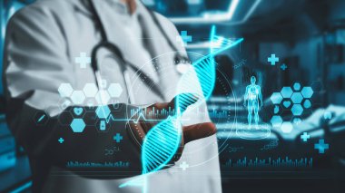 Bulanık geçmişi olan, laboratuvarda yüzen DNA örneği hologramına işaret eden zeki doktorlara yaklaş. Tıp çalışanı genetik bozukluk teşhisi için tıbbi verilere bakıyor ve erişiyor. İyileştirici.