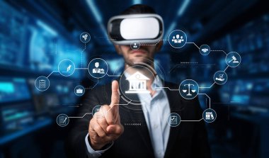 Sanal gerçeklikteki bir işadamı, modern bir ortamda finans, teknoloji ve yeniliği temsil eden dijital simgelerle etkileşime geçerek çevrimiçi bankacılık ve yasal düzenlemeleri araştırıyor. XDMCP