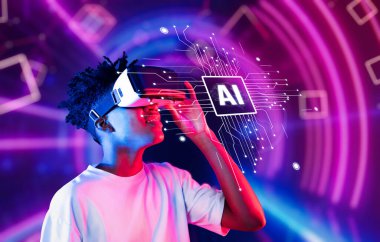 Genç bir birey, VR kulaklıkla yapay zeka teknolojisiyle etkileşime giriyor, canlı bir dijital arkaplan karşısında, yenilik ve yaratıcılık sergiliyor. XDMCP