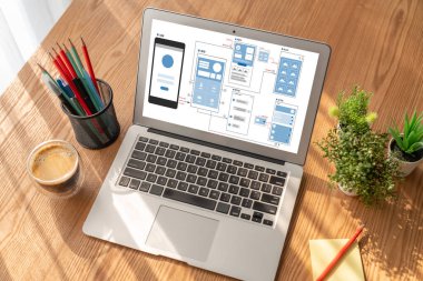 Model mobil uygulama ve web sitesi için UX UI tasarım süreci. Profesyonel uygulama geliştiricisi için kablo grafiğinin yaratıcı prototipi .