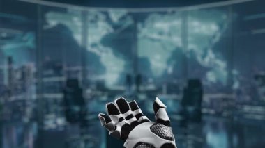 Fütüristik bir robot el, otomasyon, teknoloji ve çeşitli sektörlerdeki yenilikleri simgeleyen yüksek teknolojili bir ortamda dijital kontrol işaretleri sergiler. Auvana