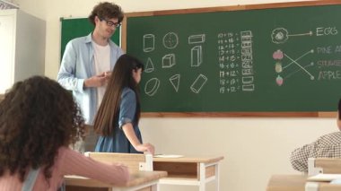 Öğrenciye bakan beyaz bir öğretmen kendini karatahtaya tanıtıyor. Çeşitli öğrenciler karatahtaya bakarken sınıfın önünde duran çekici kız. Eğitim konsepti. Pedagoji.