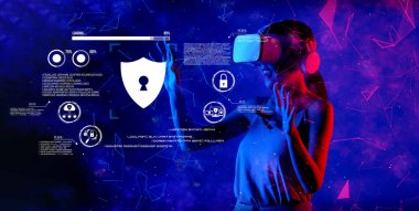 Modern Teknolojiyle Sanal Gerçeklikte Sanal Güvenlik ve Mahremiyet: Veri Koruma ve Güvenlik Çevrimiçi Uygulamalarında Çalışan Bir Kadın XDMCP.