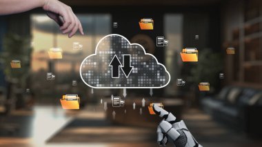 Bu resim, çağdaş bir çalışma alanında veri transferi ve dijital yönetim kavramlarını vurgulayan, bulut depolamasıyla etkileşen gelecekçi bir robotik ele sahiptir. Auvana