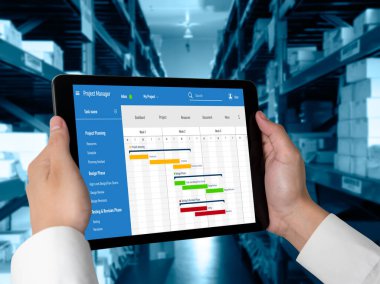 Ekip projesinin zaman çizelgesini gösteren bilgisayar ekranında, modern iş projesi yönetimi için proje planlama yazılımı