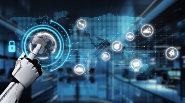 Robotik bir el modern bir kontrol odasında gelişmiş teknoloji ve bilgi analizi sunan küresel veri simgeleriyle çevrili Dünya 'nın dijital bir temsilini işaret ediyor. Auvana