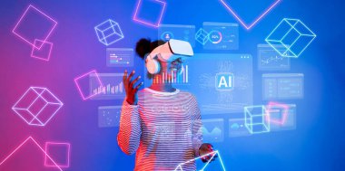 Sanal gerçeklik teknolojisiyle uğraşan bir kullanıcının büyüleyici bir görüntüsü, yapay zeka veri analizi ve yenilikçi mühendislik kavramlarını canlı bir dijital ortamda keşfediyor. XDMCP