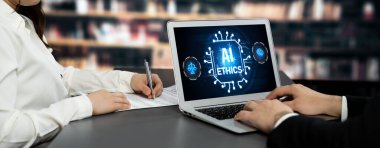 Yapay zeka etik standart hukuk ve bilgisayar ekranındaki kurallar yapay zeka etik şeffaflığının teknoloji suçunu önlediğine dair rapor sunuyor. canlı