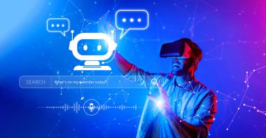 Bir yapay zeka sohbet robotuyla etkileşime girerken sanal gerçekliğe dalmış bir kullanıcının dijital ortamda insan-bilgisayar ilişkisinin geleceğini gösteren çekici bir sahne. XDMCP