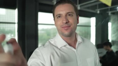 Akıllı lider iş adamı cam tahtanın önünde projeyle ilgili yazı yazıyor. Gülümseyen erkek proje yöneticisi fikir paylaşımı, yapışkan notlar üzerine plan yaratıcılık pazarlama stratejisini gösteriyor. Yönlendirici.