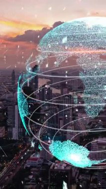 Akıllı şehirde küresel bağlantı ve internet ağı modernizasyonu. Gelecekteki 5G kablosuz dijital bağlantı ve sosyal medya ağı kavramı .