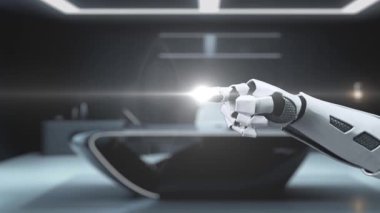 Gelişmiş bir robot el modern dijital çalışma alanındaki yenilik ve teknolojiyi sembolize eden bir roketin fırlatılışını tasvir eden zarif grafiklerle etkileşime geçiyor. Auvana