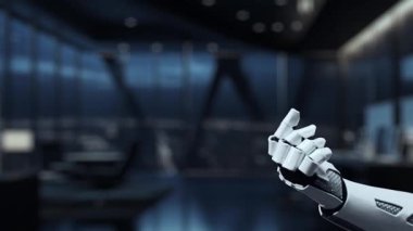 Fütürist bir robotik kol, modern ofis ortamında çeşitli maliyet azaltma grafikleri ve veri görselleştirmeleri sunarak, iş dünyasındaki teknoloji ve yenilikleri vurguluyor. Auvana