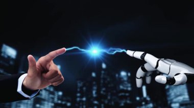 Gelecekçi robot yapay zeka yapay zeka yapay zekayı aydınlatıyor ve makine öğrenme kavramını geliştiriyor. İnsan hayatının geleceği için küresel robot biyonik bilim araştırması. 3B görüntüleme grafiği.
