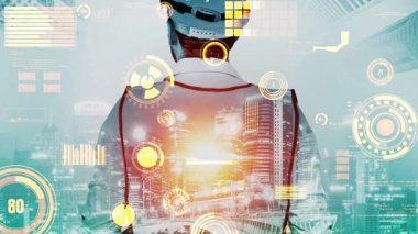 Gelecekteki bina inşaatı ve HUD hologram grafik tasarımı ile yaratıcı mühendislik projesi konsepti. İnşaat mühendisi, mimar ya da inşaat işçisi modern sivil teknoloji ile çalışıyor..