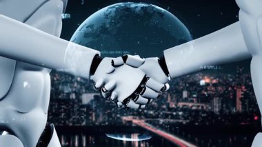 Futuristic robot artificial intelligence huminoid AI programming coding technology development and machine learning concept. Robotic bionic science research for future of human life. 3D rendering.