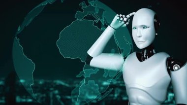 Future financial technology controll by AI robot huminoid uses machine learning and artificial intelligence to analyze business data and give advice on investment and trading decision . 3D rendering .