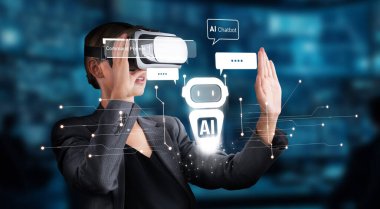 Sanal gerçeklik teknolojisini kullanan bir kişi yapay zeka sohbet robotuyla etkileşime girer, dijital ortamda kişisel yardım, makine öğrenme ve otomasyon alanlarında gelişmeler gösterir. XDMCP