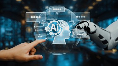 Bu resim insan eliyle robot kol arasındaki dinamik etkileşimi gösteriyor, gelecekteki dijital ortamda yapay zeka kavramlarını vurguluyor. Auvana