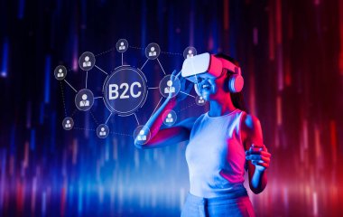 Genç bir kadın, canlı bir ortamda, B2C etkileşimlerini ve modern müşteri deneyimlerini temsil eden sanal gerçeklik kulaklığıyla neşeyle meşgul oluyor. XDMCP