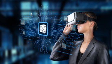 Profesyonel bir kadın, insan ve yapay zeka arasındaki bağlantıyı sembolize eden ileri teknoloji görselleriyle uğraşarak kendini sanal gerçekliğe daldırıyor. XDMCP