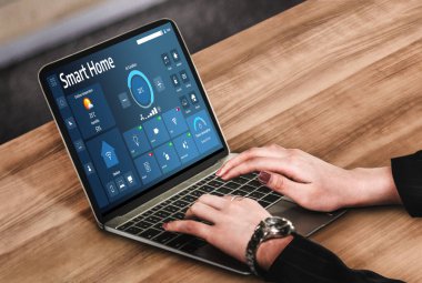 Smart home technology, centric remote control system with digital dashboard for air conditioning, safety security network or house automation. App software, ui panel programming IOT monitor snugly