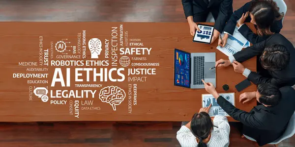 Çeşitli bir grup yapay zeka ve robotların etik etkilerini tartışıyor. Güvenlik, politika, yasallık ve yenilikçi çözümler hakkında görüşler paylaşılır. Dostluk