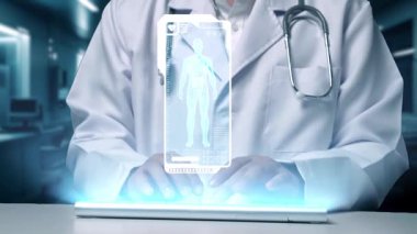 İnsan vücudunun anatomisi hologramıyla klavyede yazan zeki doktorlara yaklaş. Sağlık çalışanı, teknolojiyi kullanarak HUD gösterge paneline bakarken semptomları araştırıyor ve teşhis ediyor. İyileştirici.