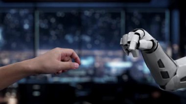 Bir insan eli dijital alışveriş ortamında robot ele uzanıyor, modern e-ticaret uygulamalarında insanlar ve teknoloji arasındaki sinerjiyi sembolize ediyor. Auvana