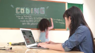 Kız, yazılım geliştirme planı yazarken yapay zeka yazılımı ya da programlama sistemini kullanarak kök sınıftaki elektronik ana tahtada yapay zeka üretiyor. Pedagoji.
