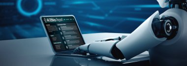 Yapay zeka etik standart hukuk ve bilgisayar ekranındaki kurallar yapay zeka etik şeffaflığının teknoloji suçunu önlediğine dair rapor sunuyor. canlı