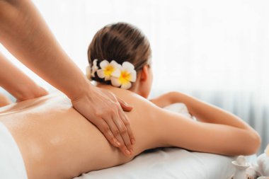 Kafkasyalı kadın müşteri stres önleyici spa masajının keyfini çıkarıyor ve lüks otel ya da oteldeki gündüz açık ortam güzellik salonunda güzellik teniyle eğleniyor. Sessiz.