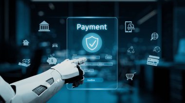 Fütürist bir robot el modern bir finans ortamında güvenli bir dijital ödeme arayüzüne işaret ederek, çevrimiçi işlemler ve güvenlikteki teknolojik rolü vurguluyor. Auvana