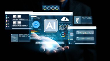 Sanal ekranlar, veri görselleştirmesi ve analitiği içeren yapay zeka teknolojisinin görsel temsili, yeniliği sembolize eden bir iş adamının elinde. Dörtgen