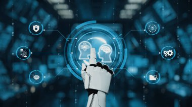 Bir robot el dijital bir arayüze bağlanıyor, yapay zeka entegrasyonunu ve ileri teknolojiyi fütüristik bir ortamda sergiliyor, yenilik ve etkileşimin altını çiziyor. Auvana