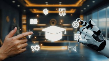 Modern bir çalışma alanında öğrenme kavramlarını ve teknolojiyi temsil eden dijital simgelerle uğraşan robotik bir elin yanında insan eli tasvir eden fütüristik bir eğitim sahnesi. Auvana
